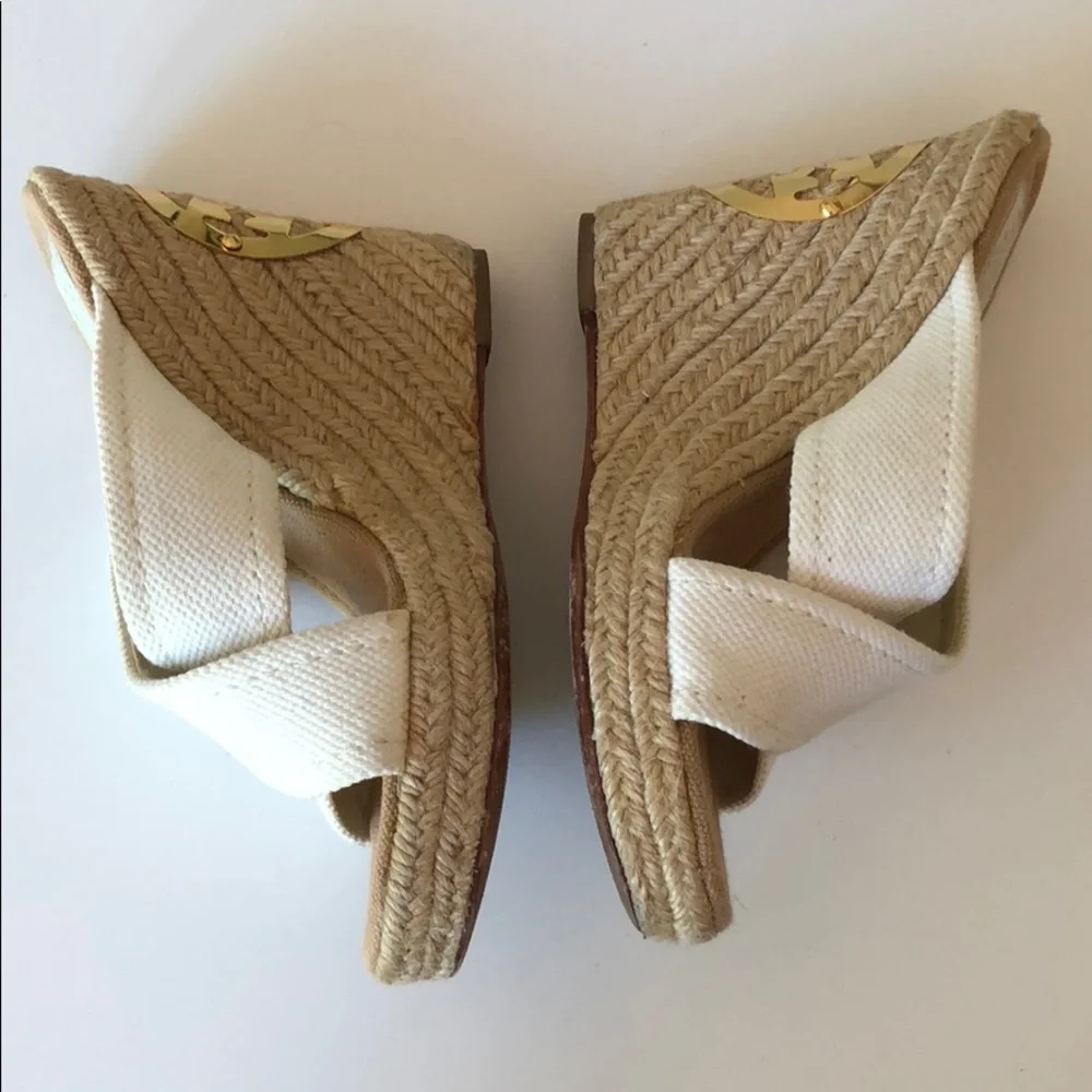Tory Burch White Canvas Crisscross Espadrille Wedge Sandals with Gold Logo